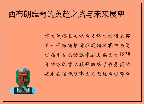 西布朗维奇的英超之路与未来展望